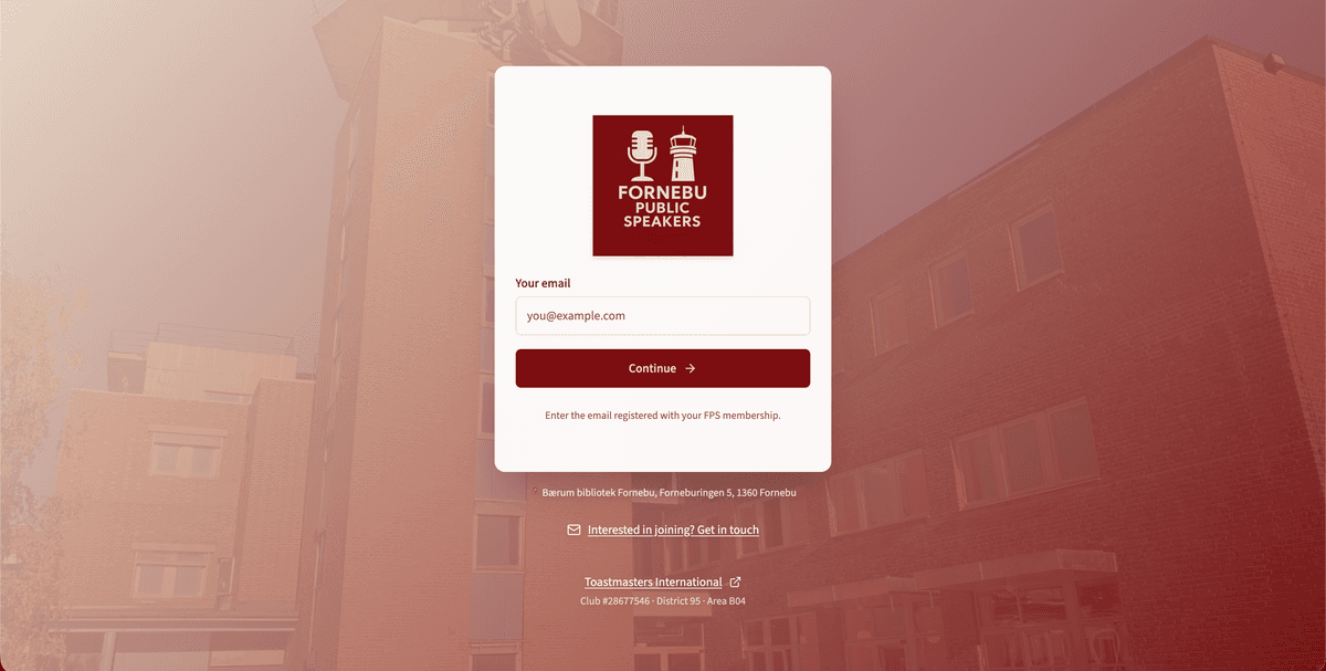 RoleCall login screen for Fornebu Public Speakers