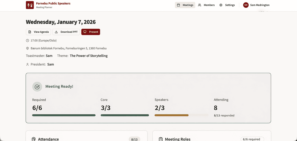 RoleCall meeting dashboard showing meeting readiness status, attendance, and role assignments
